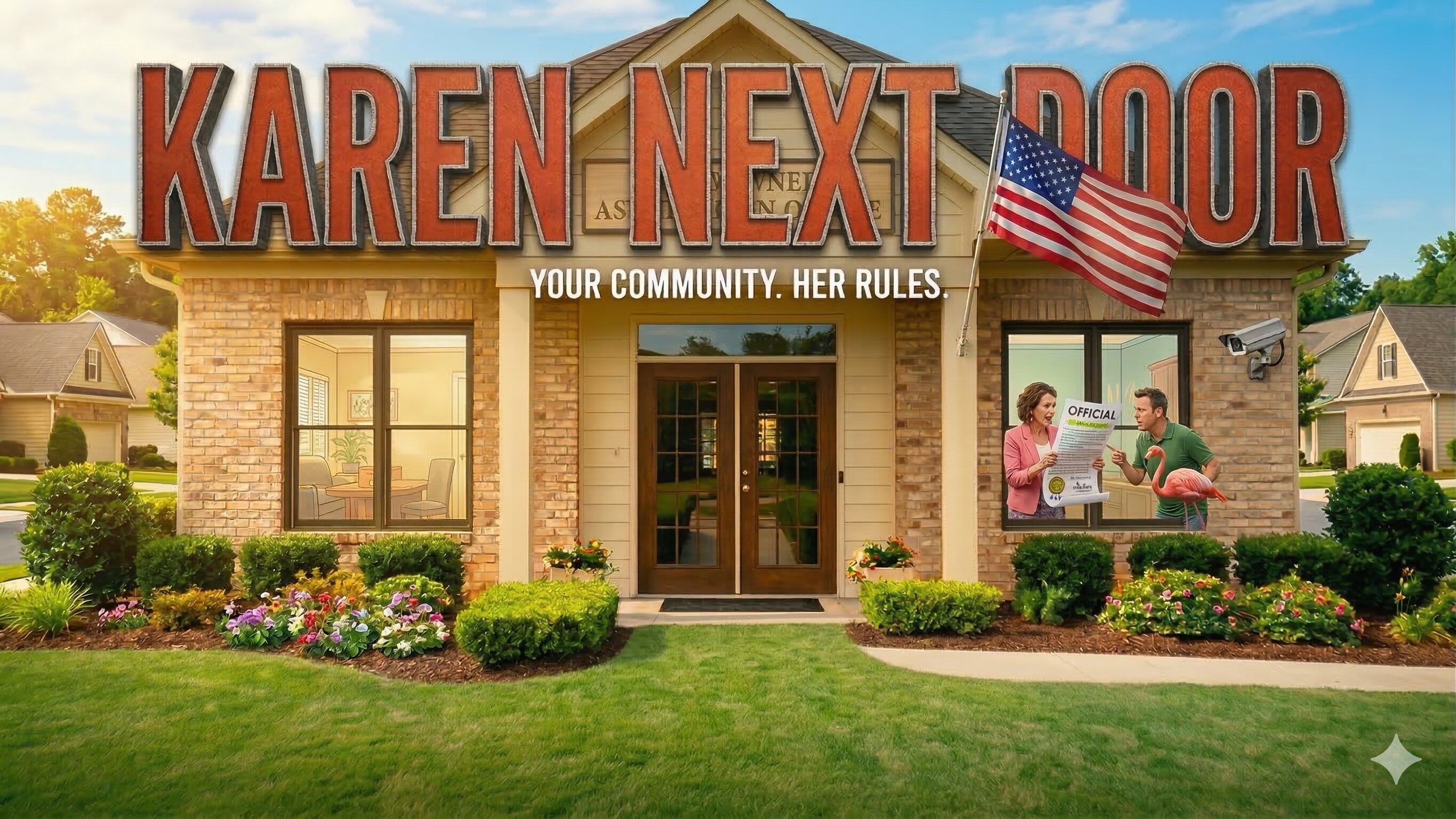 Karen Next Door comedy character in a suburban neighborhood setting with satirical tone